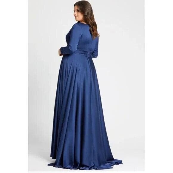Mac Duggal Gown Dress Size 18W Blue Satin‎ V Neck Long Sleeve 55290 NWT - Picture 3 of 6